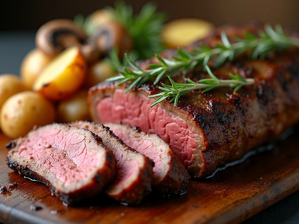 Garlic herb rib roast served with potatoes and mushrooms
