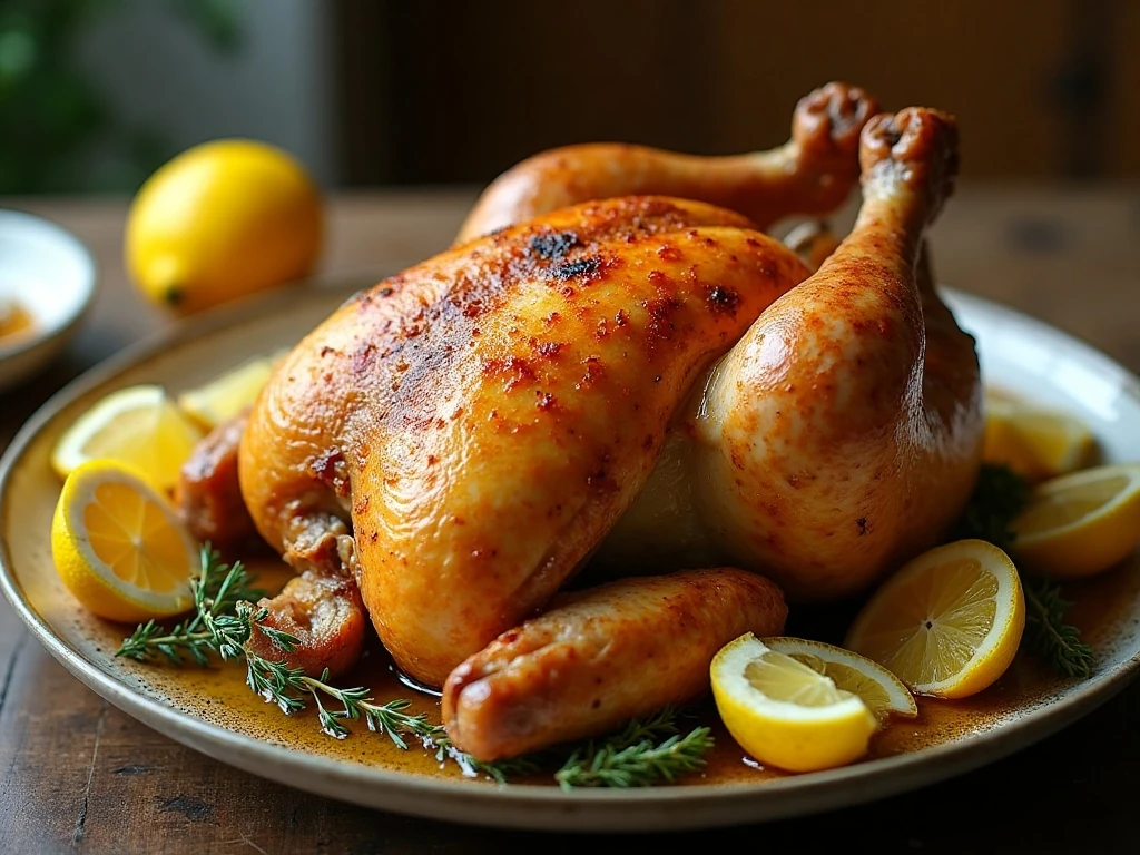 Whole roasted lemon chicken with garlic, thyme, and lemon wedges