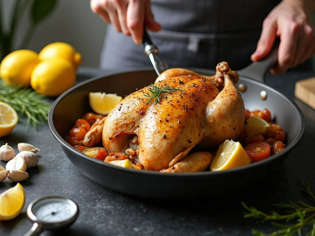 Seasoned chicken ready to roast with lemon and garlic