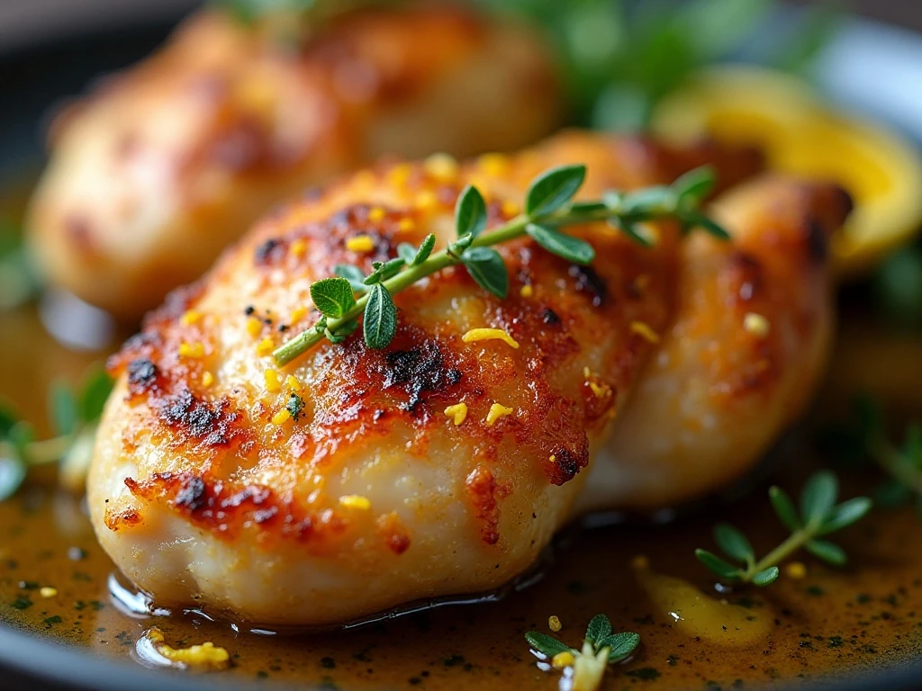 Close-up of crisp lemon chicken skin and roasted garlic