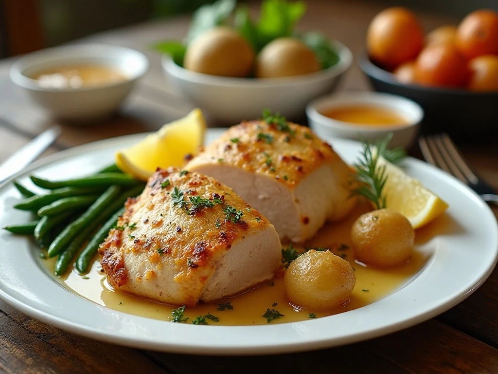 Roasted lemon chicken served with potatoes and green beans