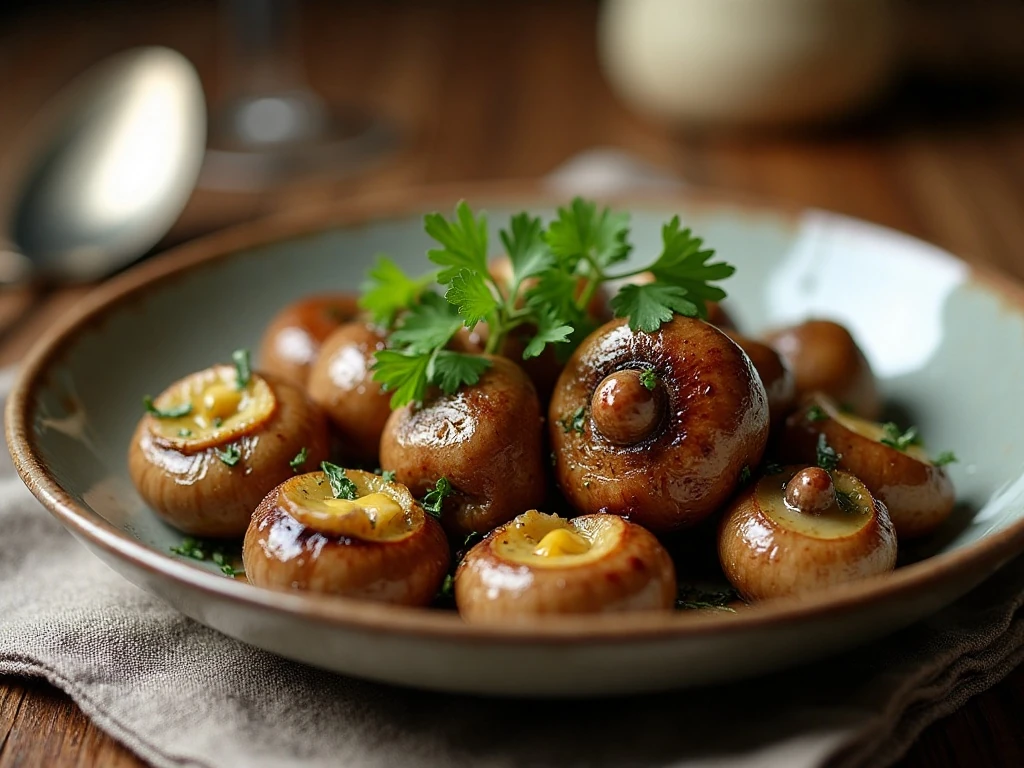 Roasted mushrooms with garlic butter sauce served as a dinner side