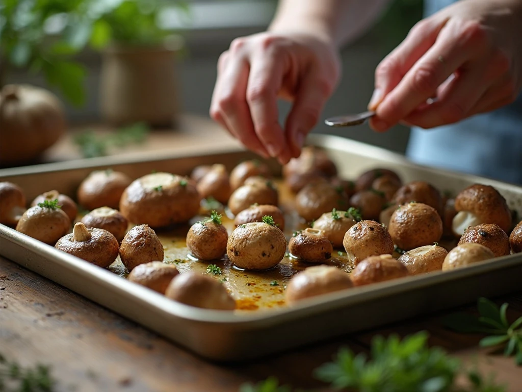 Seasoned mushrooms arranged on a baking sheet for roasting