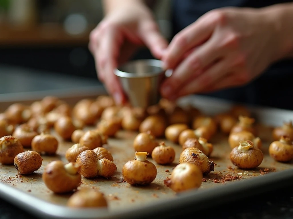 Mushrooms roasting with space between pieces for browning