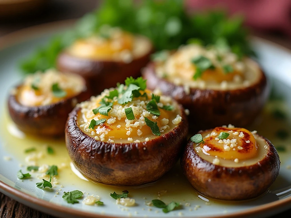 Garlic butter roasted mushrooms finished with herbs and Parmesan