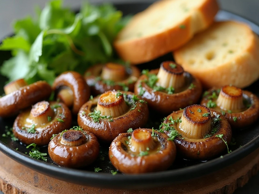 Roasted garlic butter mushrooms served with bread and salad