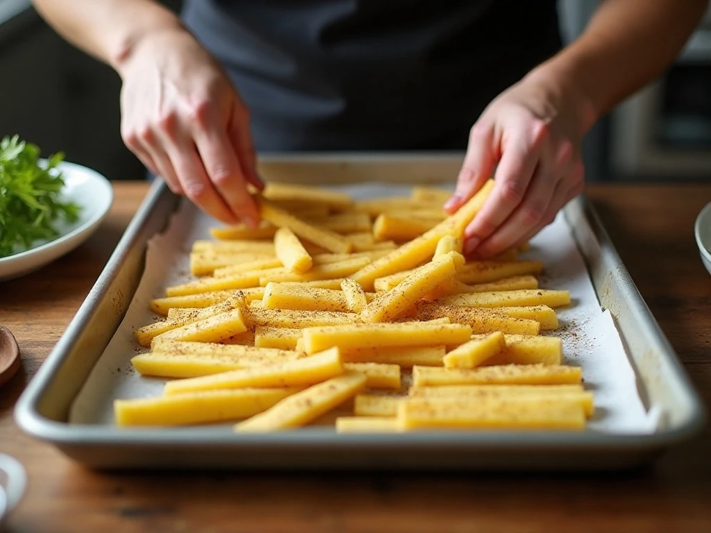 Seasoned parsnips arranged on a baking sheet before roasting