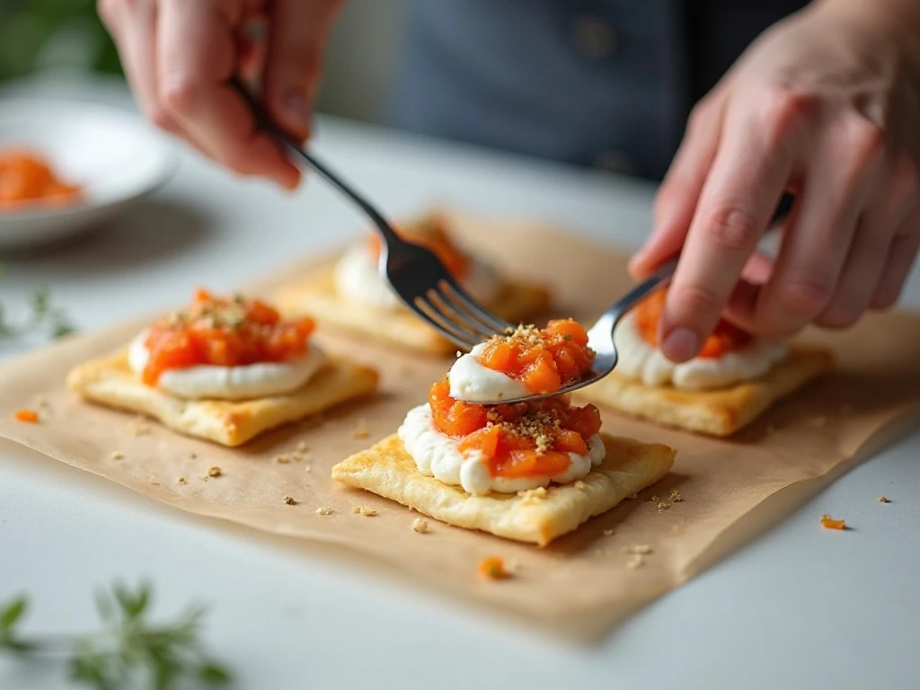 Filling puff pastry squares for roasted pepper cheese bites