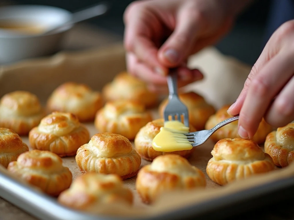 Brushing egg wash over sealed puff pastry bites