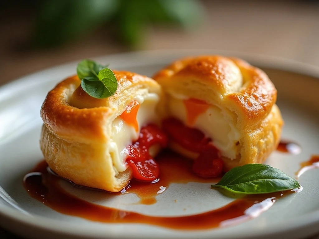 Close-up of creamy roasted pepper cheese bite with basil garnish