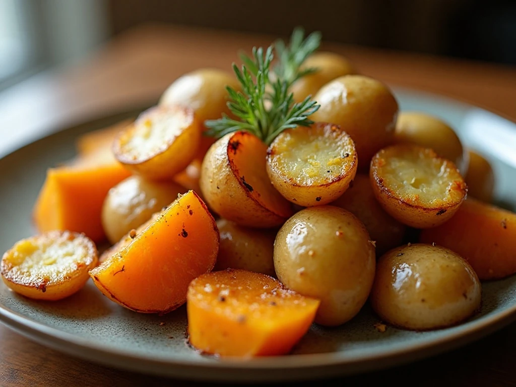 Roasted potatoes and squash served as a colorful dinner side dish