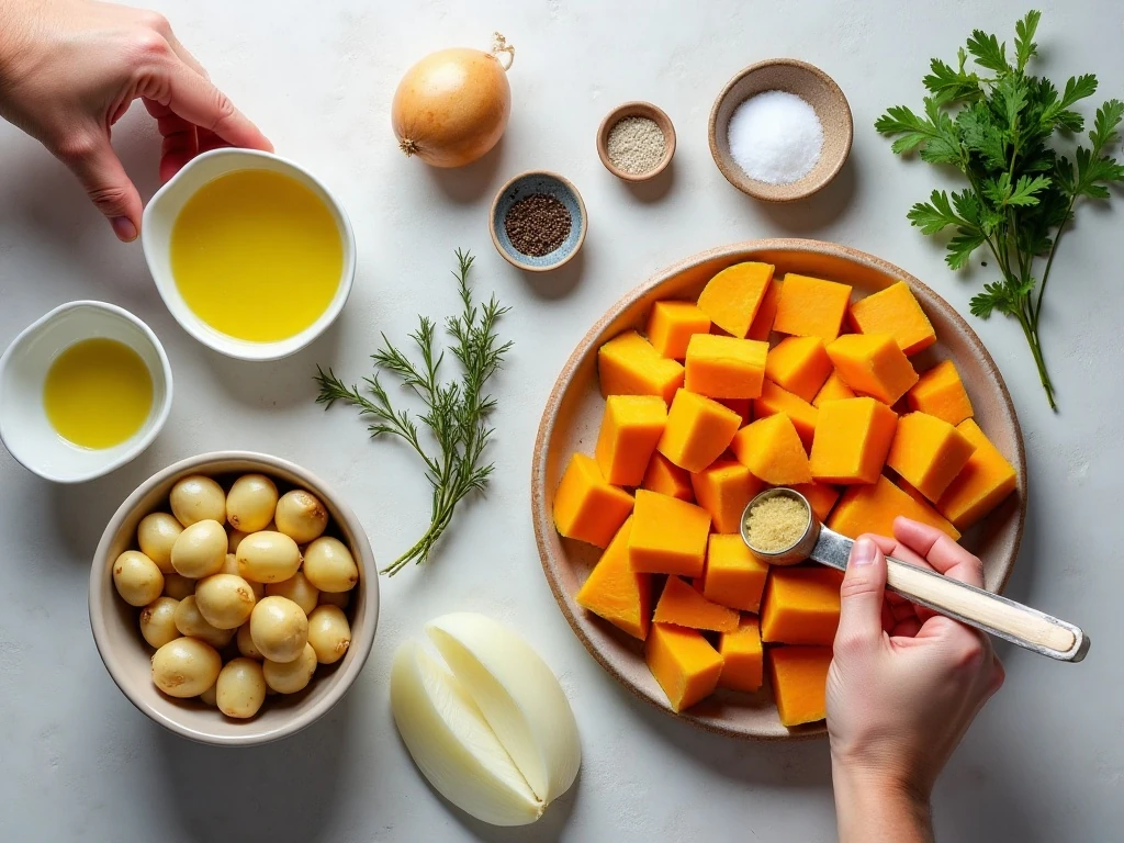 Ingredients for easy roasted potatoes and squash