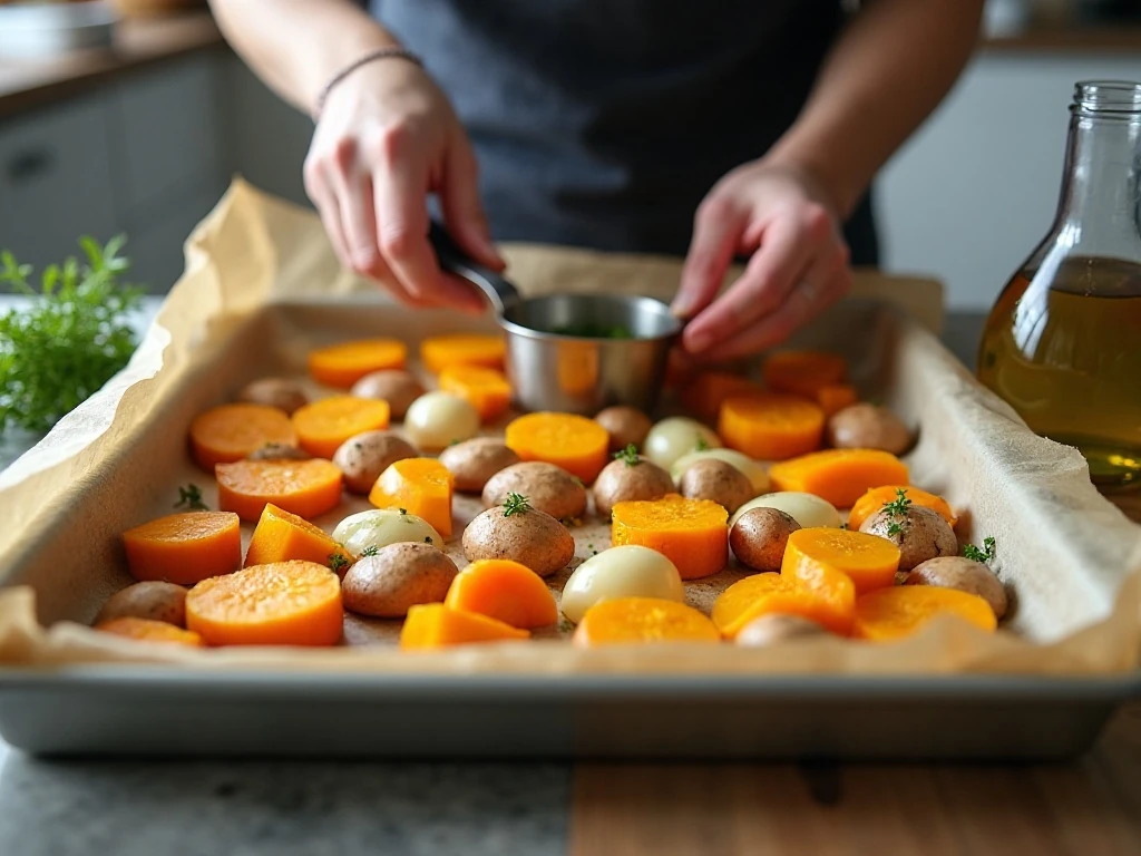 Vegetables arranged on a baking sheet before roasting