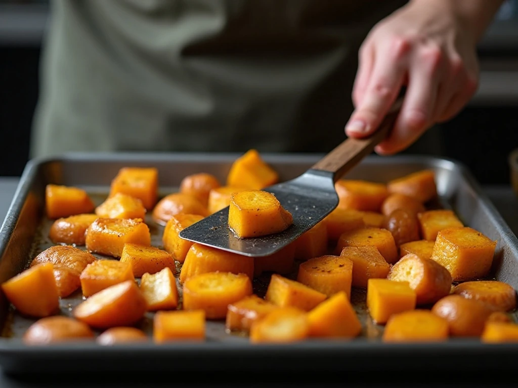 Turning roasted potatoes and squash for even browning