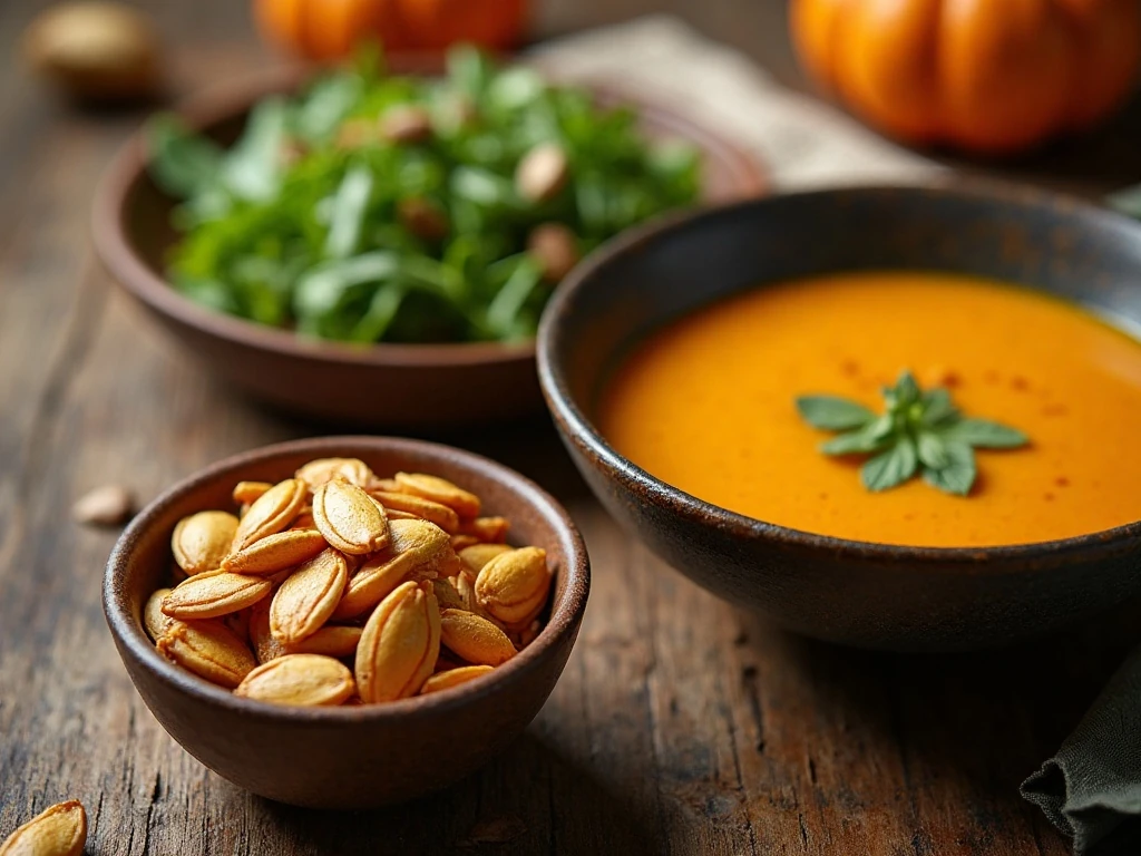 Crispy roasted pumpkin seeds served as a dinner topping