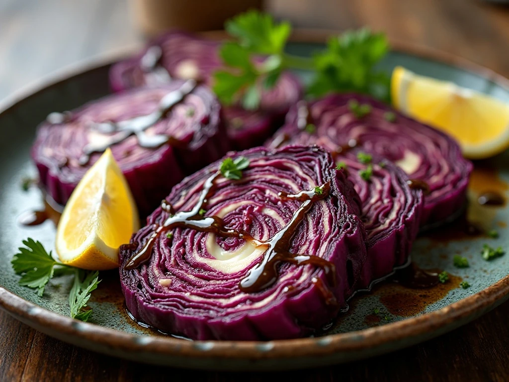 Roasted red cabbage steaks with browned edges, balsamic vinegar, parsley, and lemon