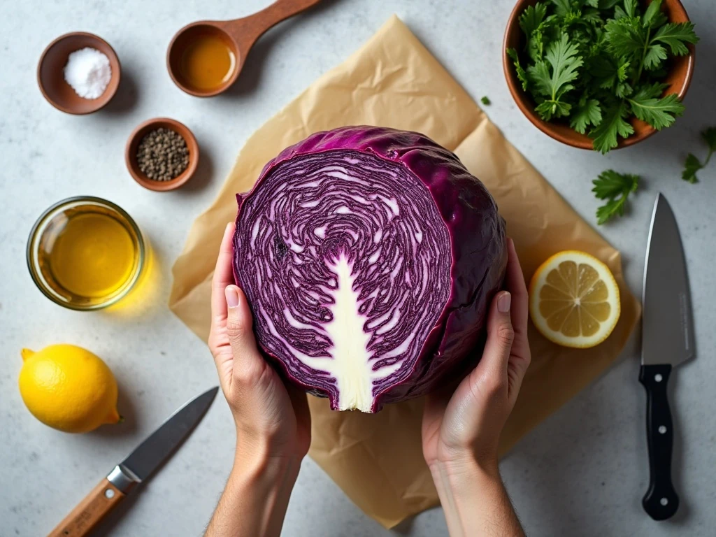 Ingredients for roasted red cabbage steaks arranged on a counter