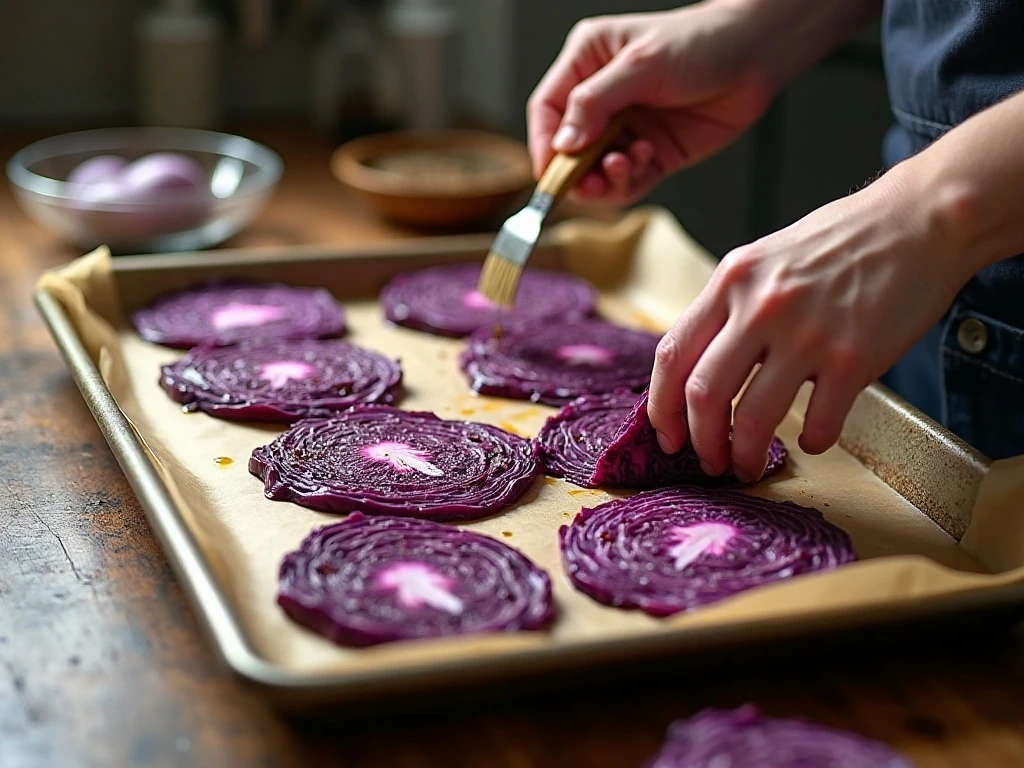 Red cabbage rounds brushed with olive oil before roasting