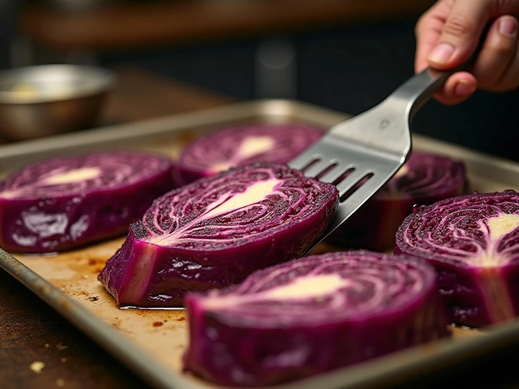 Turning red cabbage steaks during roasting for crisp browned edges