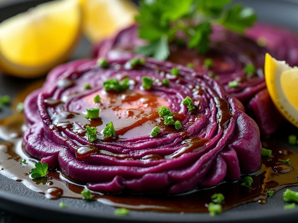 Balsamic roasted red cabbage steaks garnished with parsley and lemon