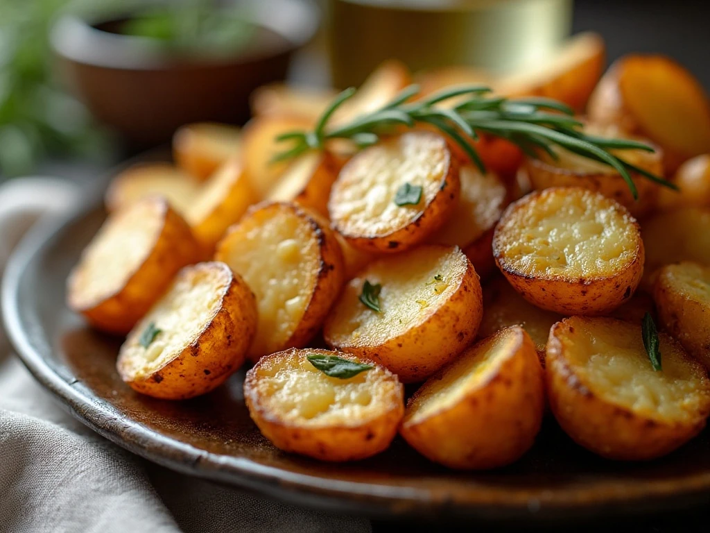 Crispy roasted rosemary potatoes served on a platter