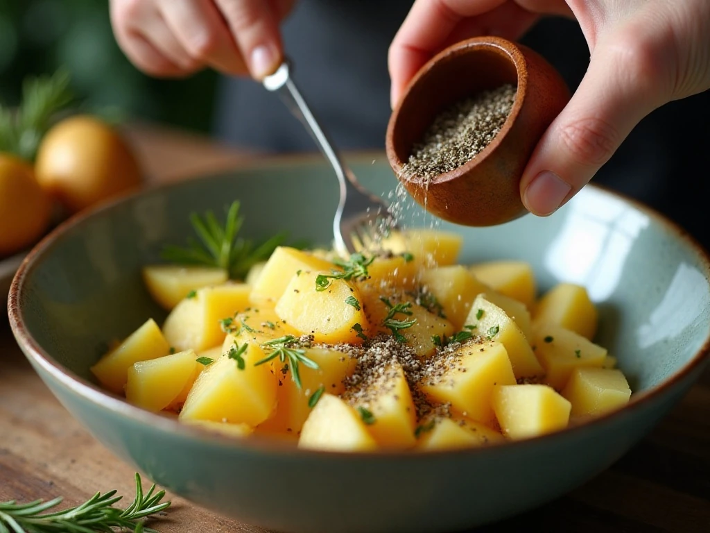 Potatoes being seasoned with rosemary and olive oil