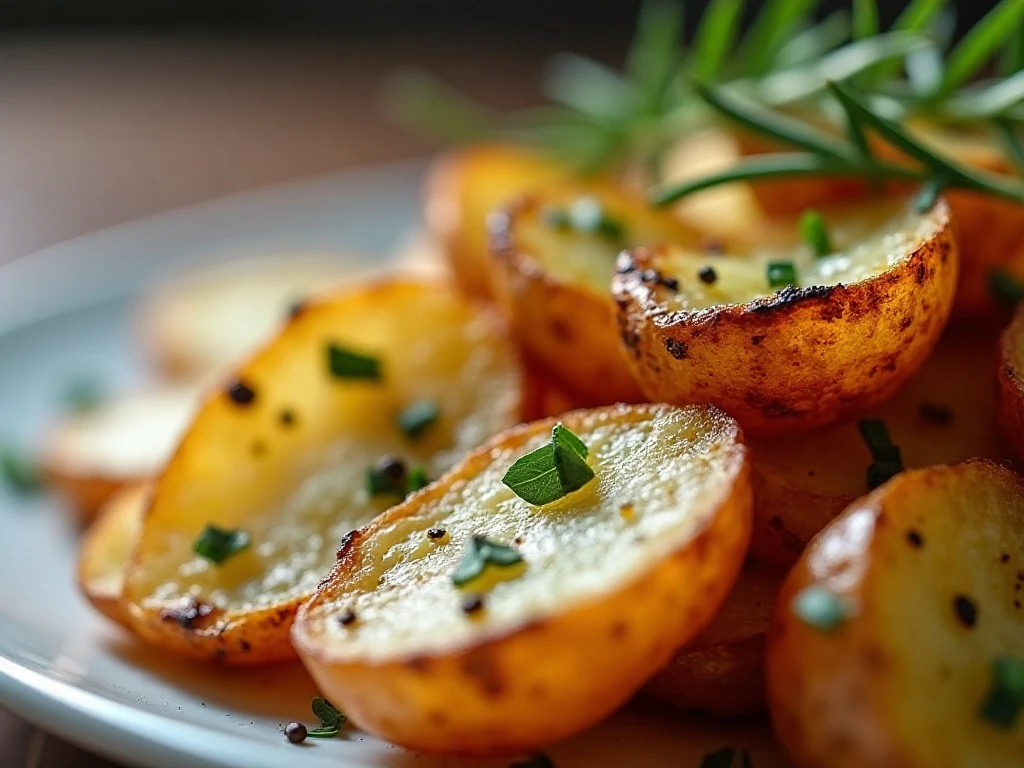 Close-up of crispy rosemary potato garnish