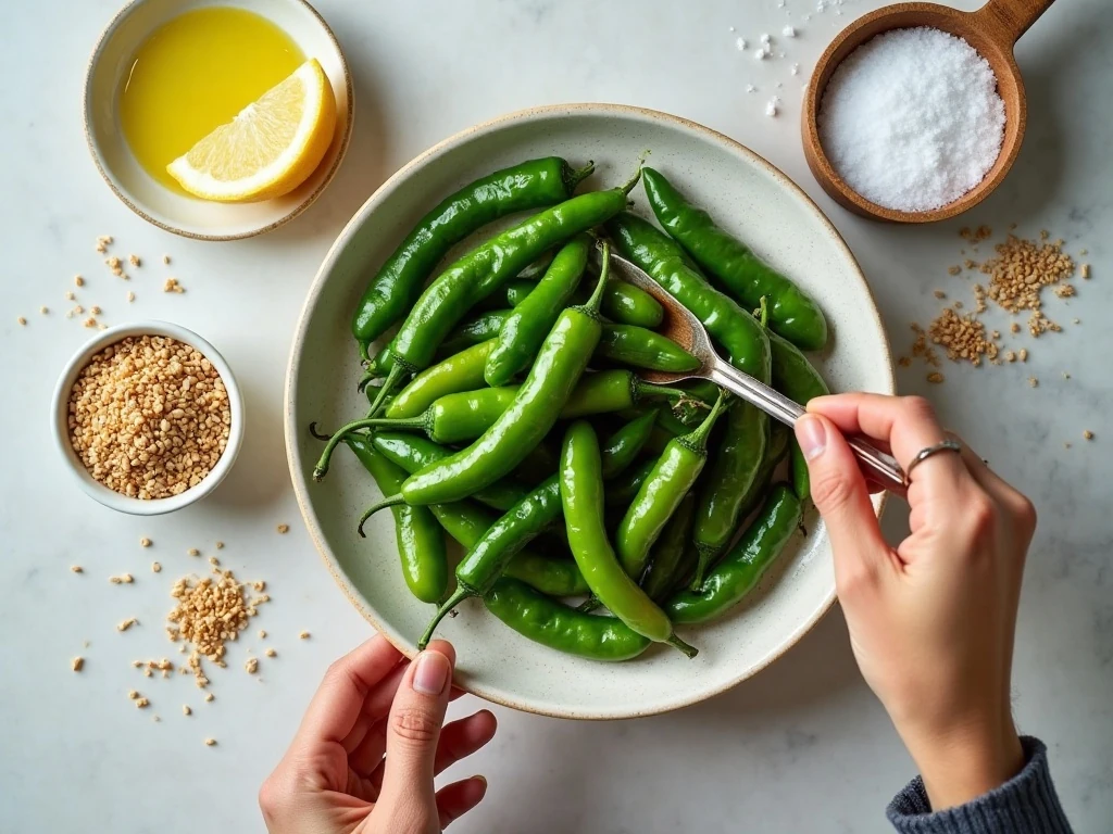 Ingredients for roasted shishito peppers with lemon and olive oil