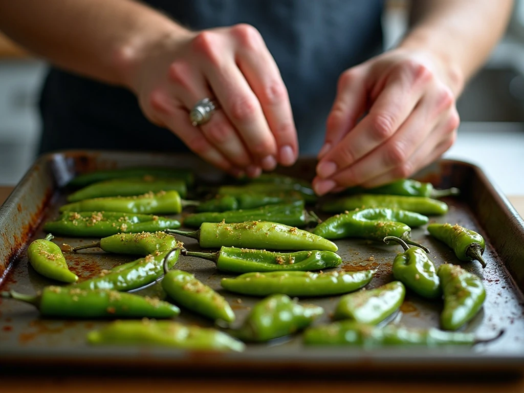 Shishito peppers arranged on a baking sheet before roasting