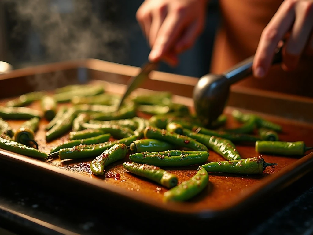 Shishito peppers developing blistered skins in the oven