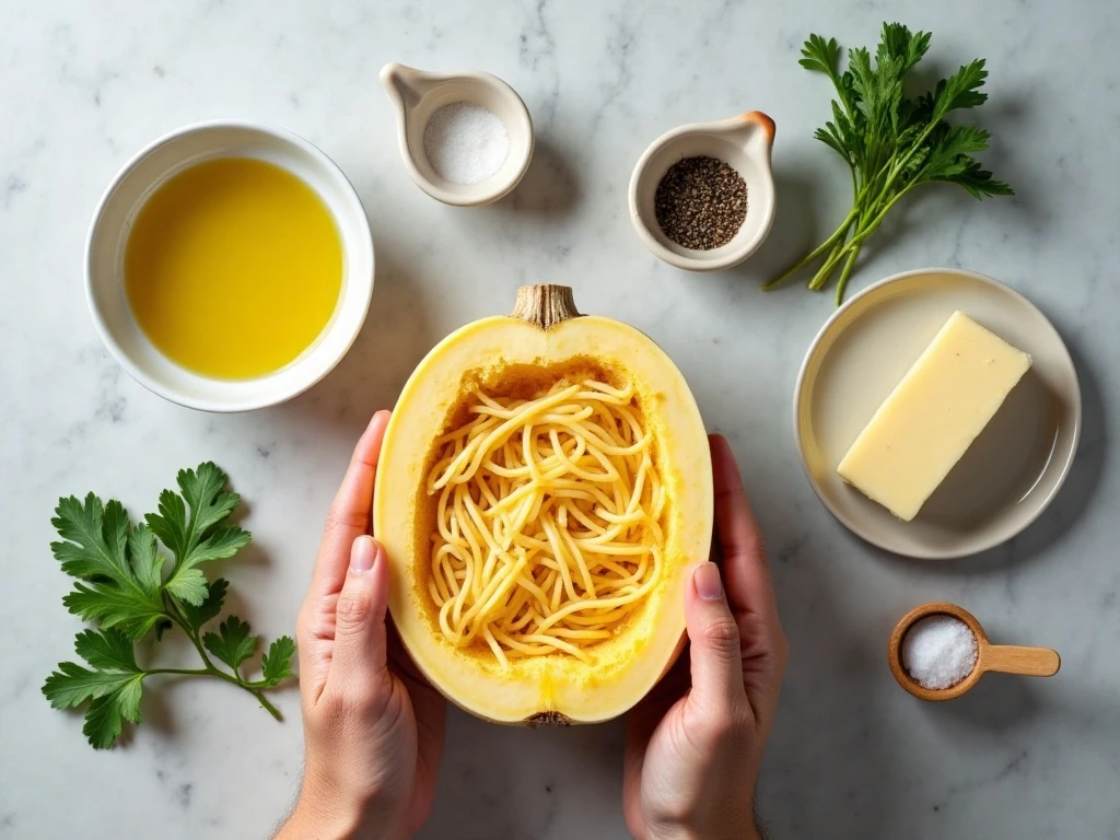 Ingredients for roasted spaghetti squash with Parmesan and parsley
