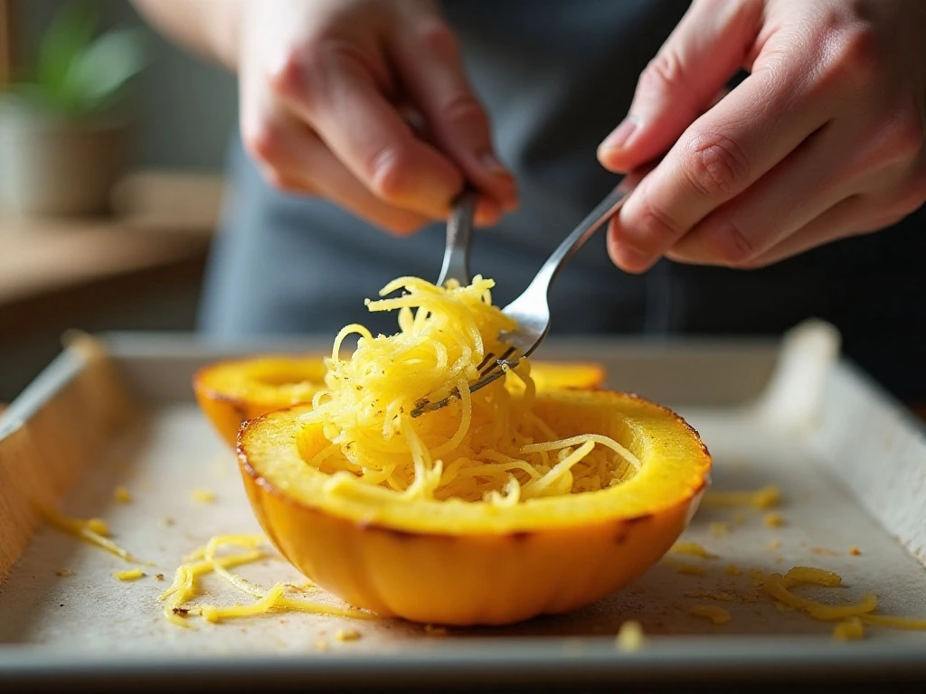Scraping roasted spaghetti squash into strands with a fork