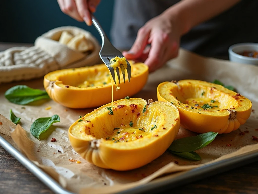 Roasted spaghetti squash halves ready to be scraped into strands
