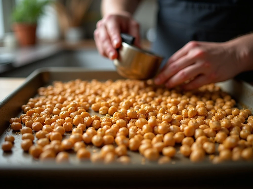 Chickpeas spaced apart on a baking sheet before roasting