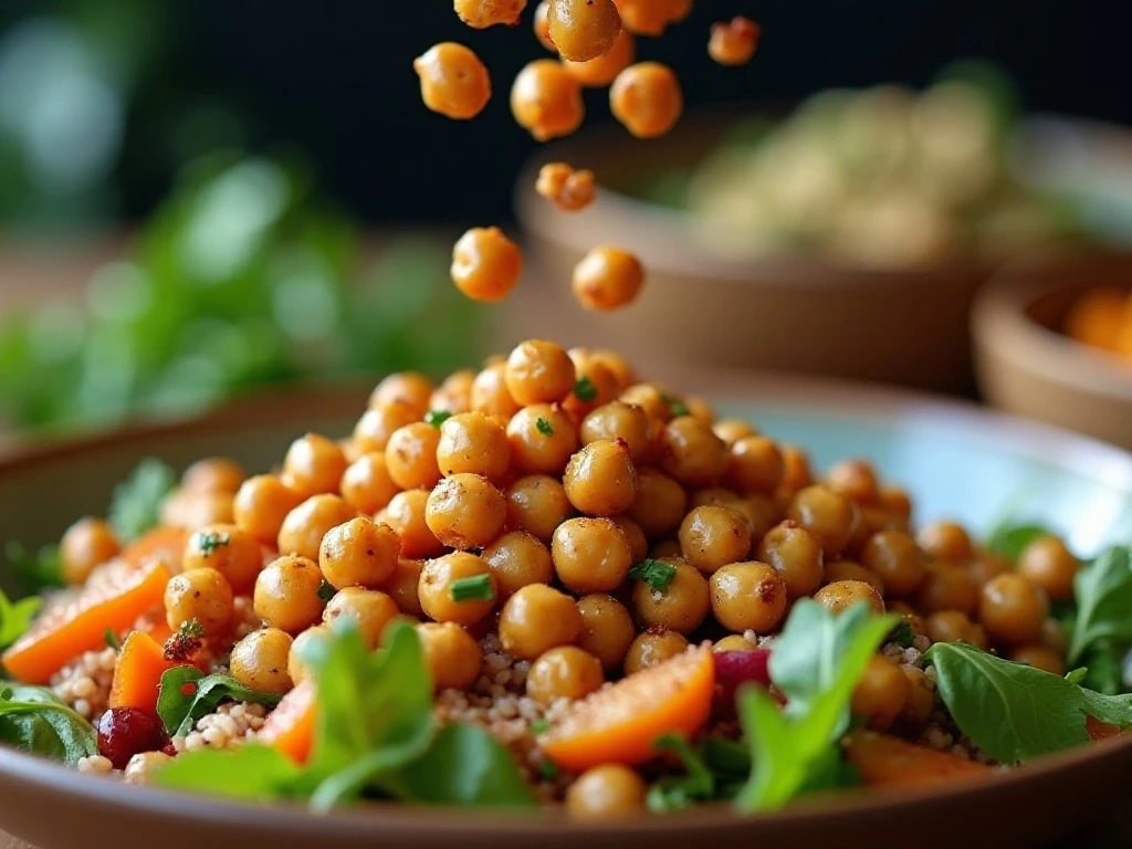 Roasted spiced chickpeas used as a crunchy salad topping