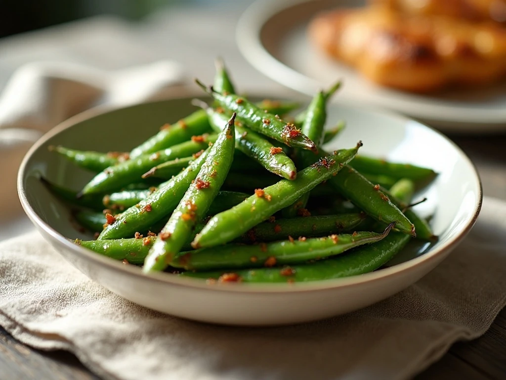 Roasted sugar snap peas served as a colorful dinner side dish