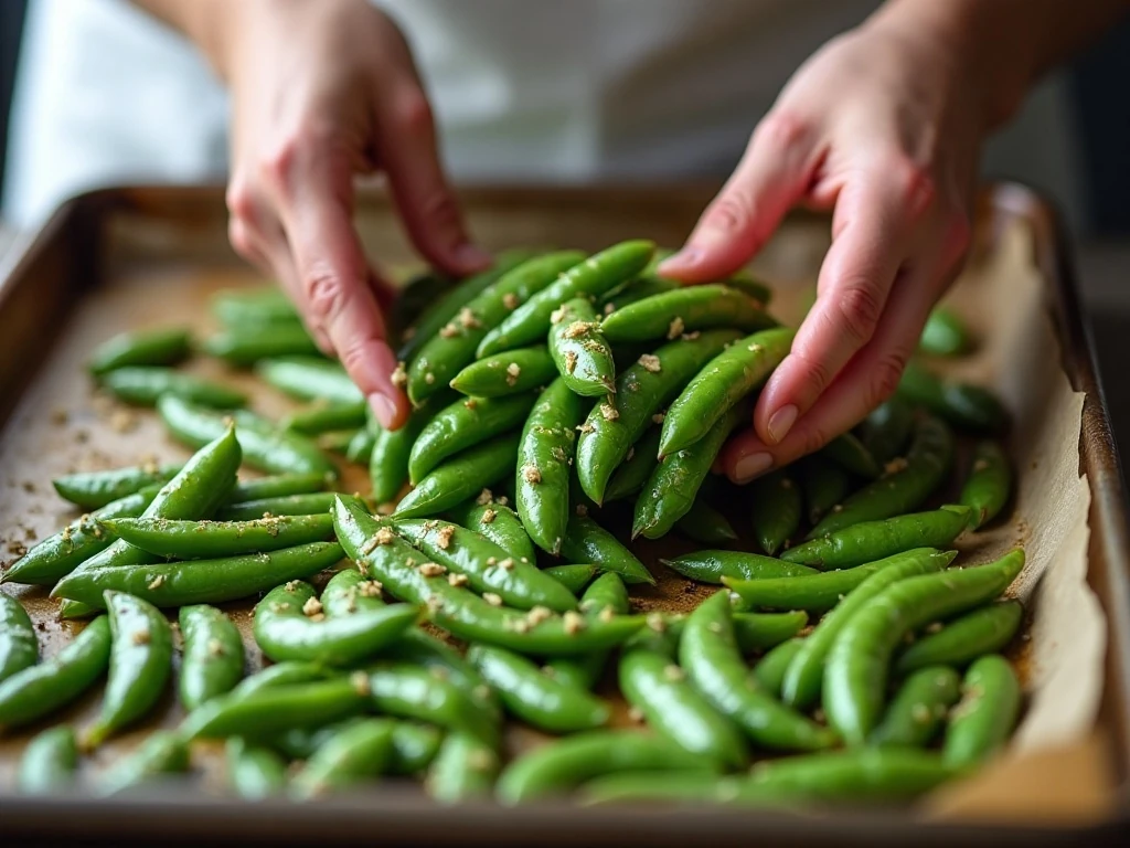 Seasoned sugar snap peas arranged on a baking sheet for roasting