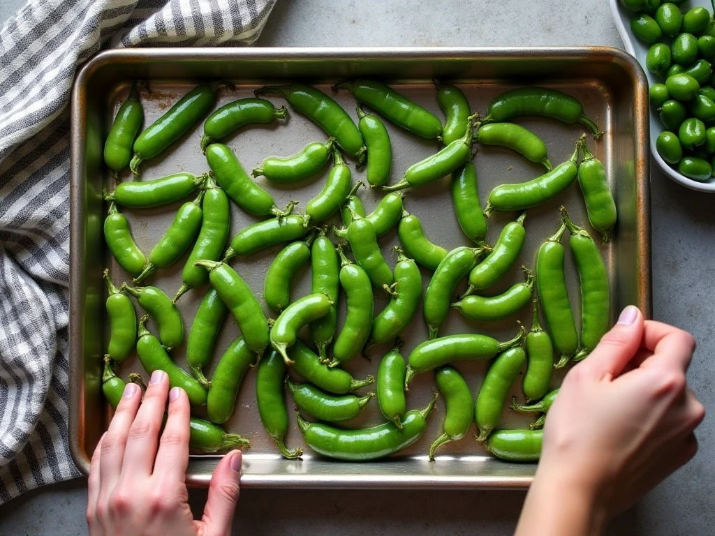 Sugar snap peas spaced apart on a baking sheet for better browning