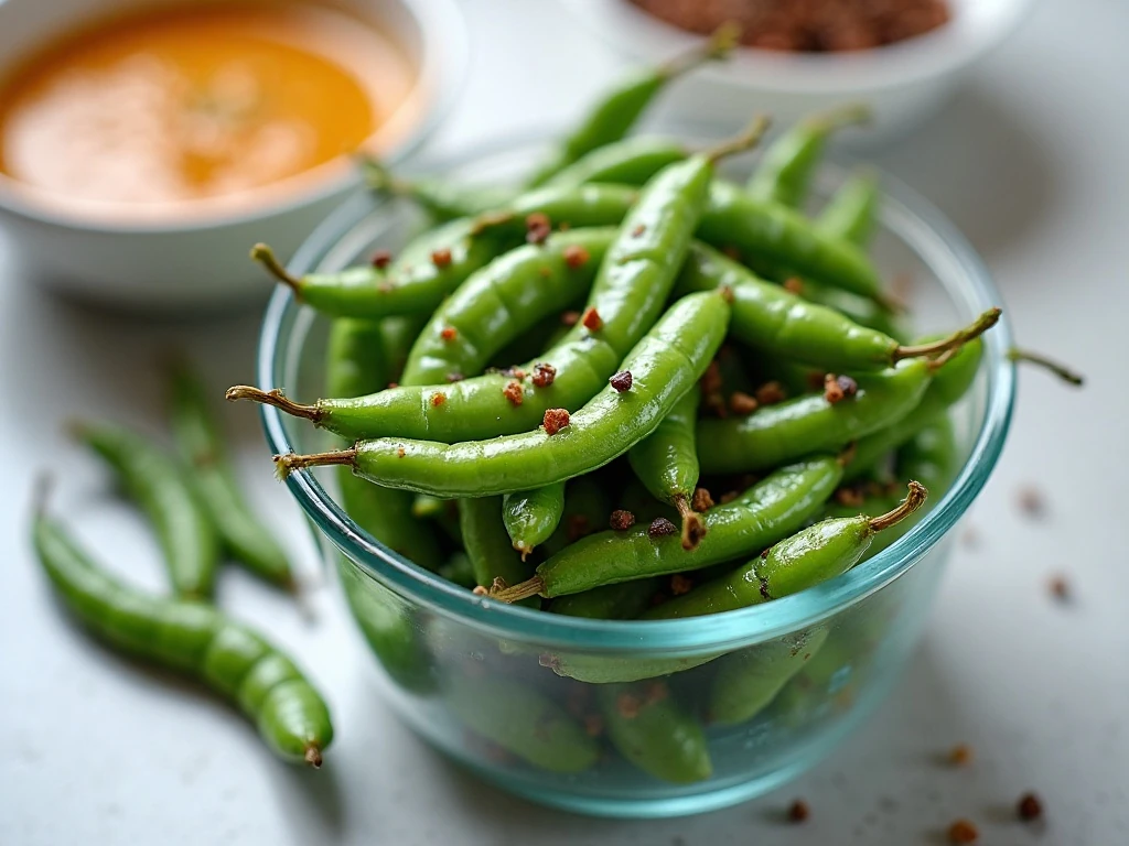 Roasted sugar snap peas prepared for storage and reheating