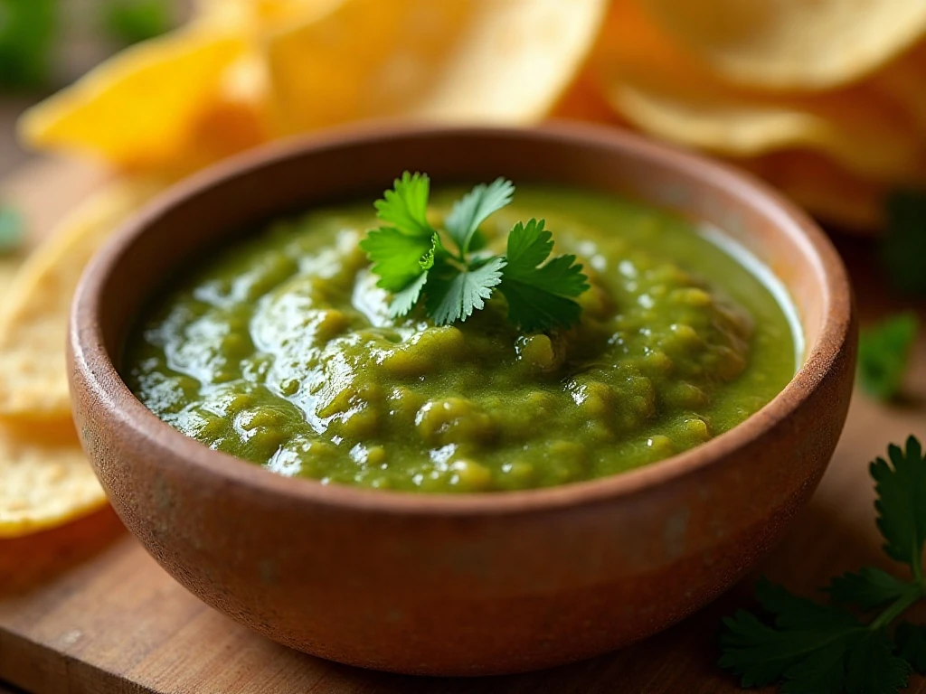 Bowl of homemade roasted tomatillo salsa verde with tortilla chips