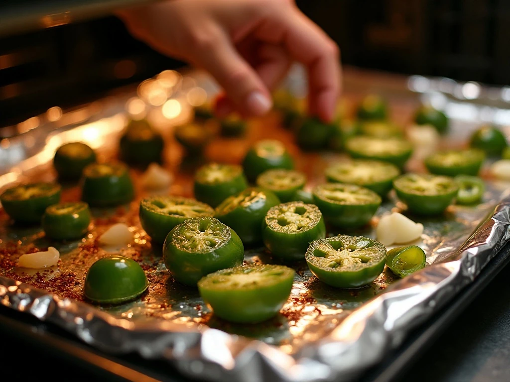 Tomatillos and jalapeños roasting for salsa verde