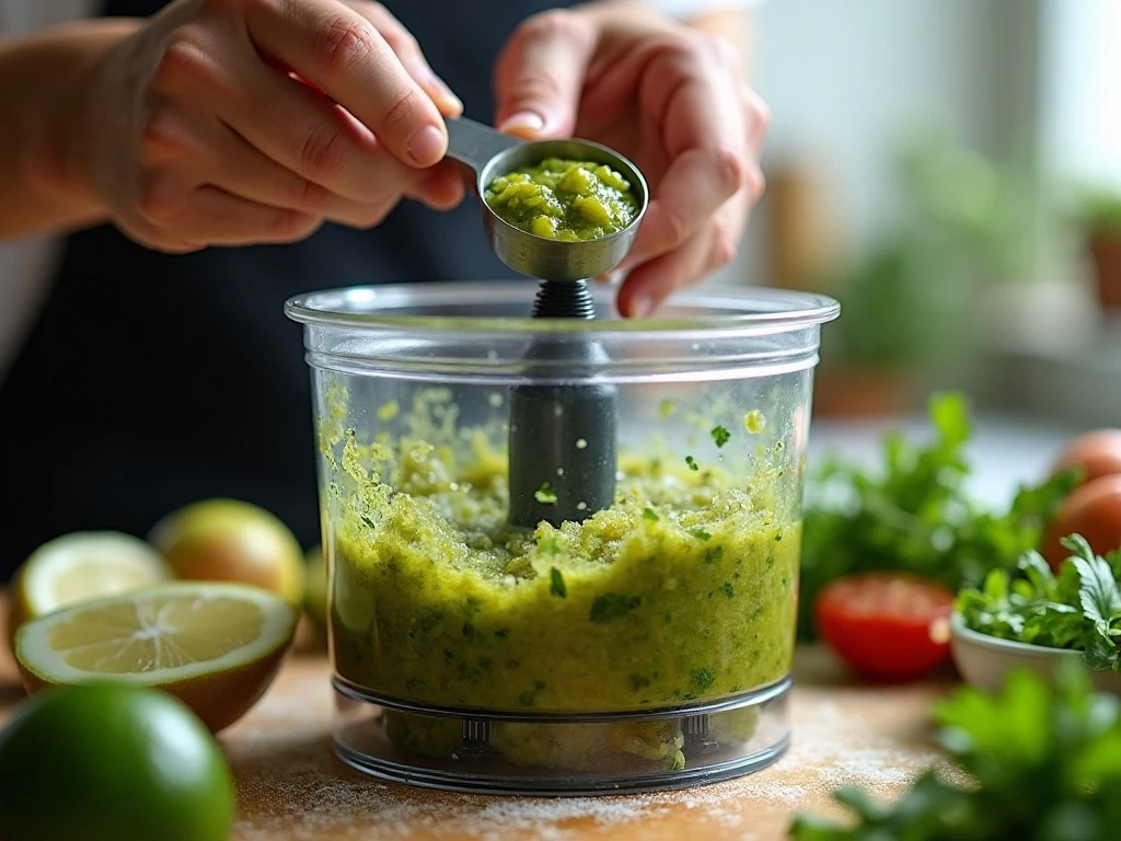 Roasted ingredients being pulsed into textured tomatillo salsa