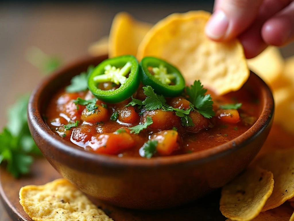 Close-up of garnished roasted tomatillo salsa verde
