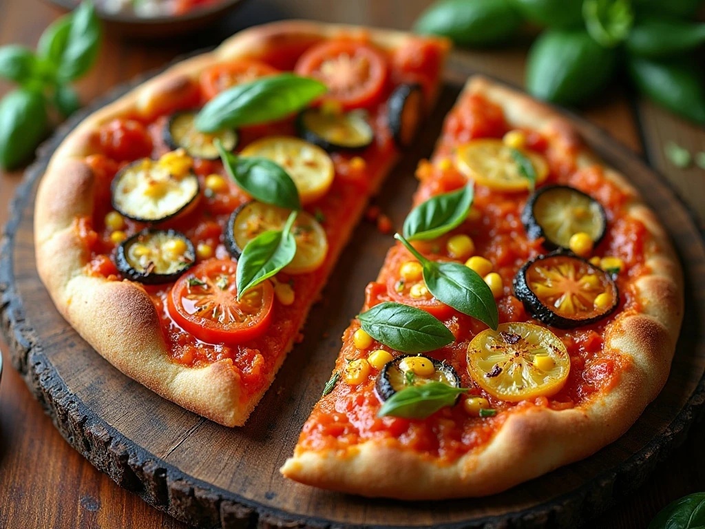 Two roasted tomato, corn, and zucchini flatbread pizzas served with fresh basil