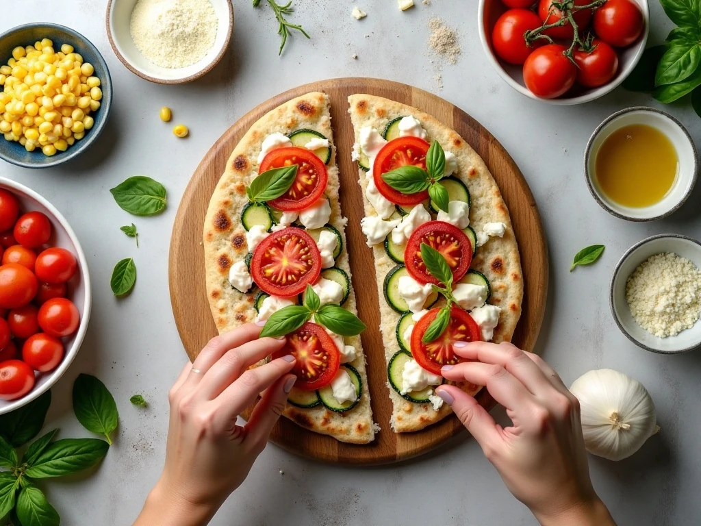Ingredients for roasted tomato, corn, and zucchini flatbread pizza