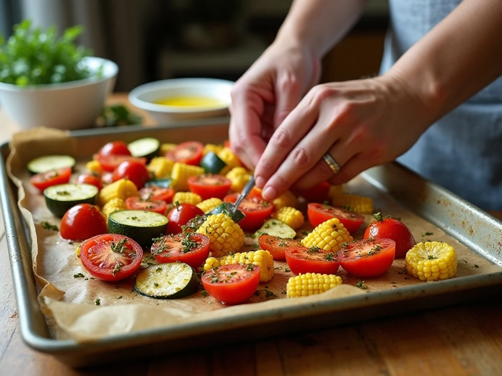 Vegetables arranged on a baking sheet for roasting before making flatbread pizza