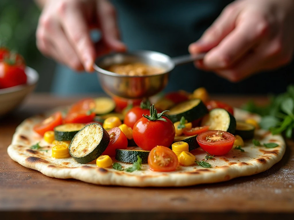 Draining roasted vegetables to keep flatbread pizza crisp
