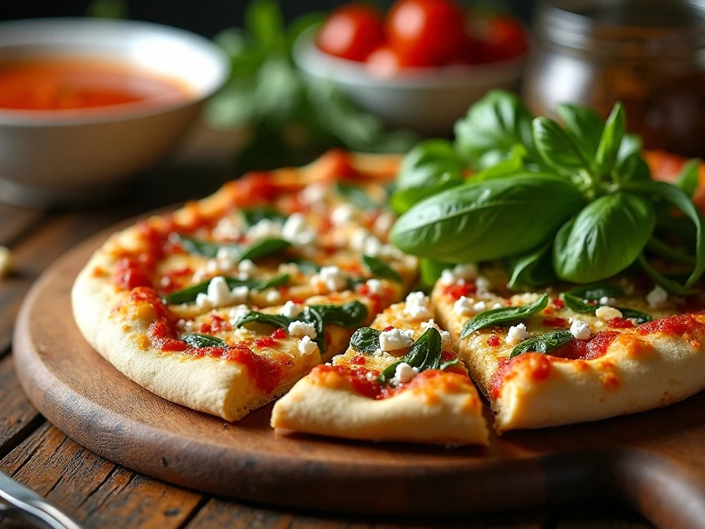 Flatbread pizza served with salad, soup, basil, and optional toppings