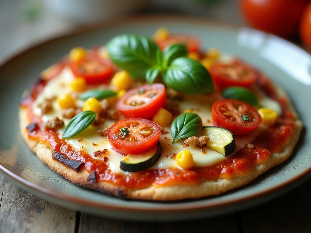 Crisp reheated flatbread pizza slice topped with fresh basil