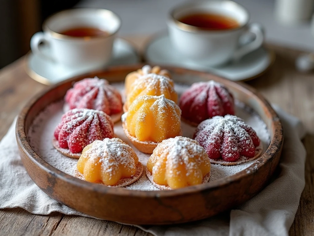 Traditional Roczki kolacky cookies dusted with powdered sugar on a serving platter
